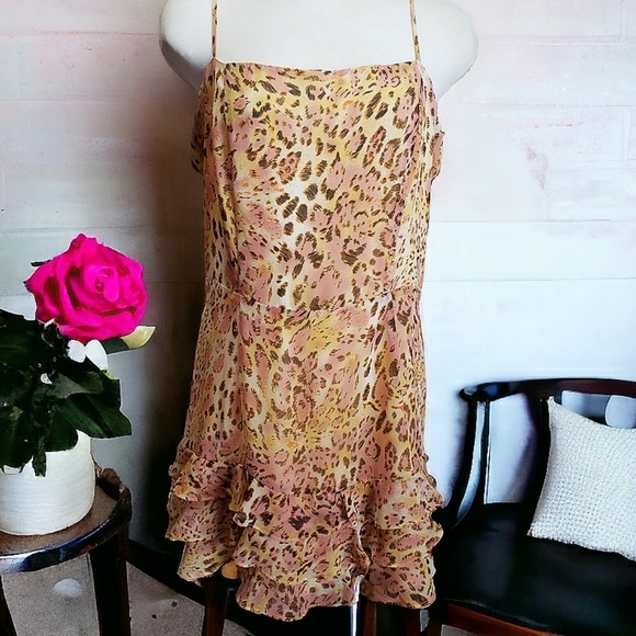 Bardot Dresses & Skirts - Bardot Pink Leopard Print Mini Dress Strappy Ruffled Y2K City Girl Size 10 Large